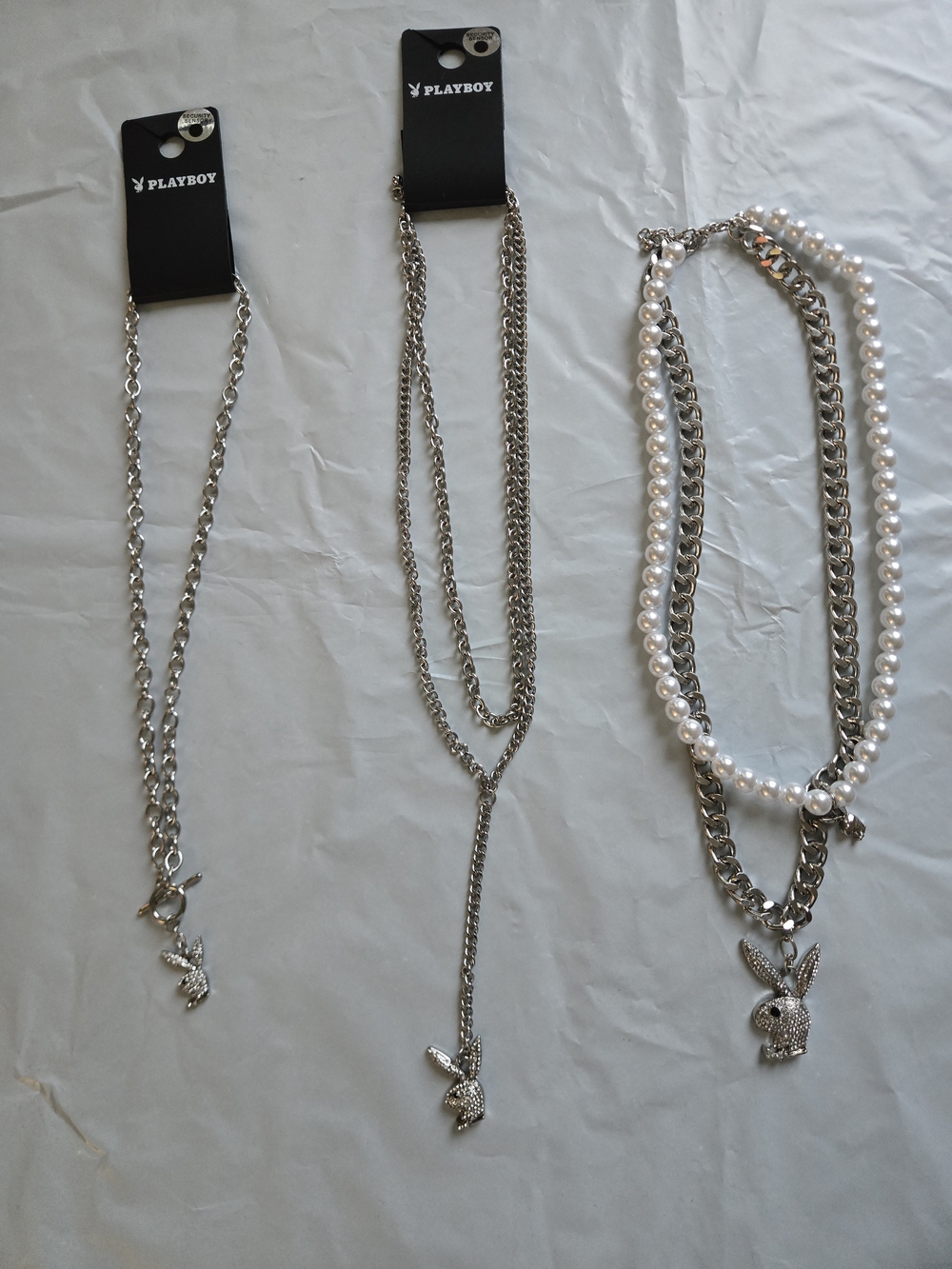 3 PLAYBOY Silver Tone Bunny Charm Necklace - White Pearls & Silver Chains